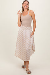 Beige Damask Print Smocked Waistband Midi Skirt