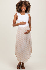 Beige Damask Print Smocked Waistband Maternity Midi Skirt