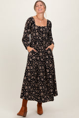 Black Floral Square Neck Long Sleeve Maternity Maxi Dress