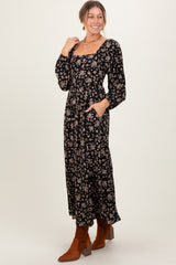 Black Floral Square Neck Long Sleeve Maxi Dress