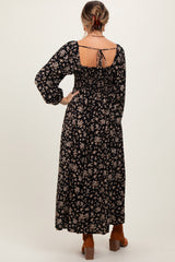 Black Floral Square Neck Long Sleeve Maxi Dress