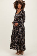 Black Floral Square Neck Long Sleeve Maternity Maxi Dress