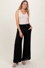 Black Ruffled Drawstring Waist Wide Leg Maternity Pants