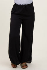 Black Ruffled Drawstring Waist Wide Leg Maternity Pants