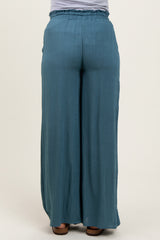 Blue Ruffled Drawstring Waist Wide Leg Maternity Pants