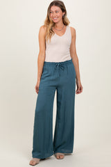 Blue Ruffled Drawstring Waist Wide Leg Pants