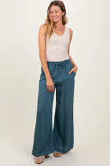 Blue Ruffled Drawstring Waist Wide Leg Pants