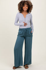 Blue Ruffled Drawstring Waist Wide Leg Maternity Pants