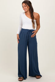 Navy Ruffled Drawstring Waist Wide Leg Maternity Pants