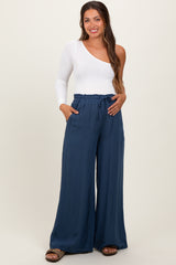 Navy Ruffled Drawstring Waist Wide Leg Maternity Pants