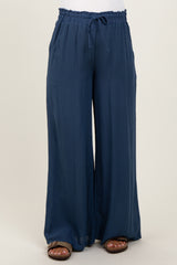 Navy Ruffled Drawstring Waist Wide Leg Maternity Pants