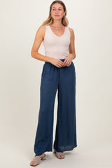 Navy Ruffled Drawstring Waist Wide Leg Pants