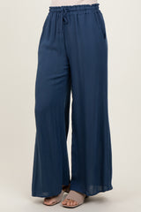 Navy Ruffled Drawstring Waist Wide Leg Pants