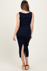 Navy Sleeveless Ribbed Maternity Maxi Dress