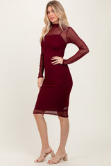 Burgundy Mesh Overlay Long Sleeve Midi Dress