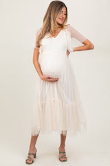 Beige Dotted Tulle Smocked Maternity Midi Dress