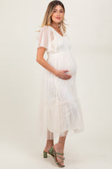 Beige Dotted Tulle Smocked Maternity Midi Dress