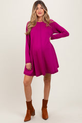 Magenta Crew Neck Flared Fit Long Sleeve Maternity Mini Dress