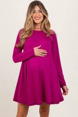 Magenta Crew Neck Flared Fit Long Sleeve Maternity Mini Dress