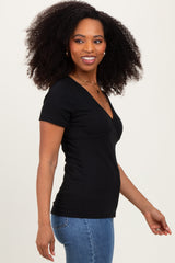 Black Solid Ribbed Short Sleeve V-Neck Basic Top