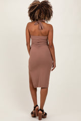 Mocha Halter Tied Criss-Cross Ribbed Maternity Midi Dress