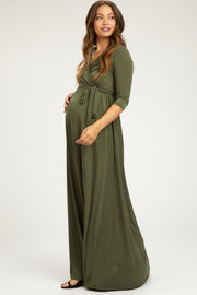 PinkBlush Olive Green Draped 3/4 Sleeve Maternity Maxi Dress