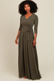 PinkBlush Olive Green Draped 3/4 Sleeve Maxi Dress