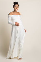 PinkBlush Ivory Solid Off Shoulder Maternity Maxi Dress