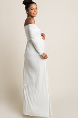 PinkBlush Ivory Solid Off Shoulder Maternity Maxi Dress