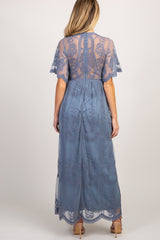 PinkBlush Blue Lace Mesh Overlay Maternity Maxi Dress