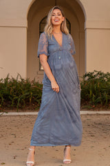 PinkBlush Blue Lace Mesh Overlay Maternity Maxi Dress