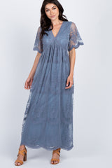 PinkBlush Blue Lace Mesh Overlay Maternity Maxi Dress