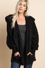 Black Fuzzy Hooded Long Sleeve Jacket