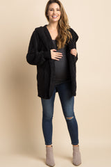 Black Fuzzy Hooded Long Sleeve Maternity Jacket