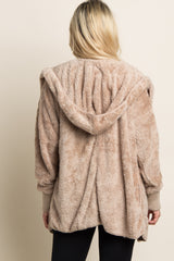 Taupe Fuzzy Hooded Long Sleeve Maternity Jacket