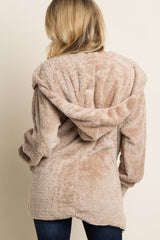 Taupe Fuzzy Hooded Long Sleeve Jacket