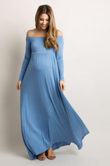 PinkBlush Petite Blue Solid Off Shoulder Maternity Maxi Dress