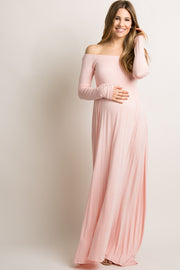 PinkBlush Tall Pink Solid Off Shoulder Maternity Maxi Dress