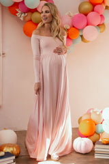 PinkBlush Pink Solid Off Shoulder Maternity Maxi Dress