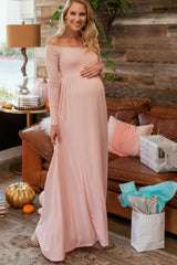 PinkBlush Petite Pink Solid Off Shoulder Maternity Maxi Dress