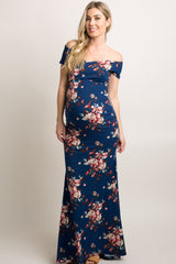 Navy Floral Off Shoulder Wrap Maternity Photoshoot Gown/Dress