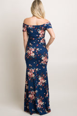 Navy Floral Off Shoulder Wrap Maternity Photoshoot Gown/Dress