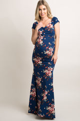 Navy Floral Off Shoulder Wrap Maternity Photoshoot Gown/Dress