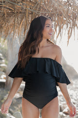 Black Ruffle Trim Ruched One-Piece Maternity Swimsuit