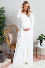 PinkBlush Petite Ivory Solid Off Shoulder Maternity Maxi Dress