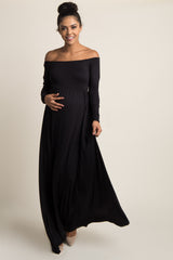 PinkBlush Petite Black Solid Off Shoulder Maternity Maxi Dress