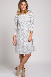 Ivory Ribbed Striped Pleated Midi Dress