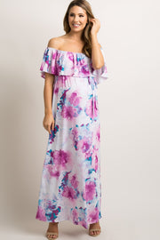 PinkBlush Ivory Floral Ruffle Sash Tie Maternity Maxi Dress