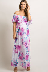 PinkBlush Ivory Floral Ruffle Sash Tie Maternity Maxi Dress