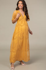 PinkBlush Mustard Lace Mesh Overlay Maternity Maxi Dress